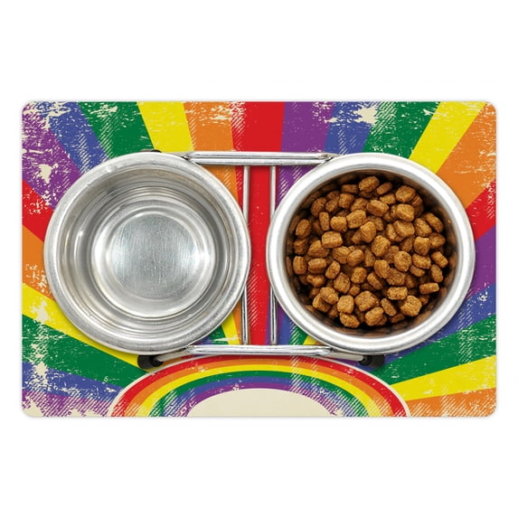 Vintage Rainbow Pet Mat for Food and Water, Weathered Looking Colorful Rays Burst Gay Parade LGBTI Festival Celebration, Non-Slip Rubber Mat for Dogs and Cats, 18" X 12", by Ambesonne