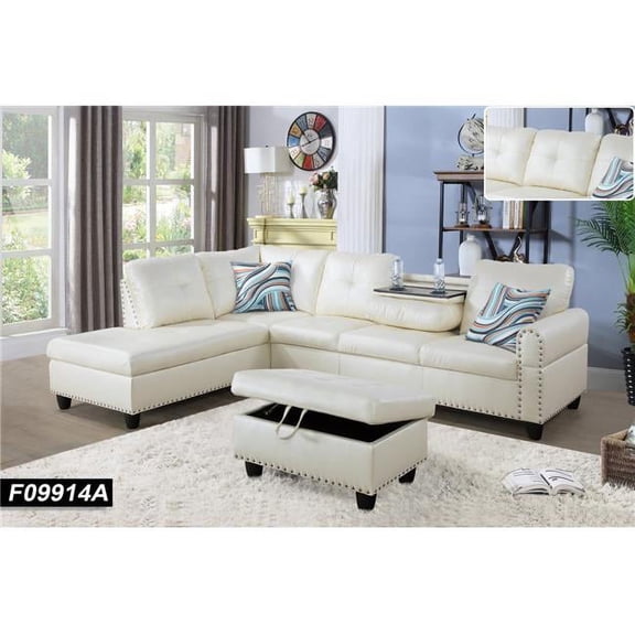 Beverly Fine Funiture F09914A Sectional Couch Sofa Set with Ottoman Left Facing Build-in Coffee Table White Faux Leather - 3 Piece