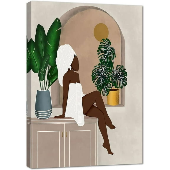 Aaheei African American Boho Wall Art - Black Women Art , Black Girl Bathroom Canvas Print, African American Canvas Art Wall Decor