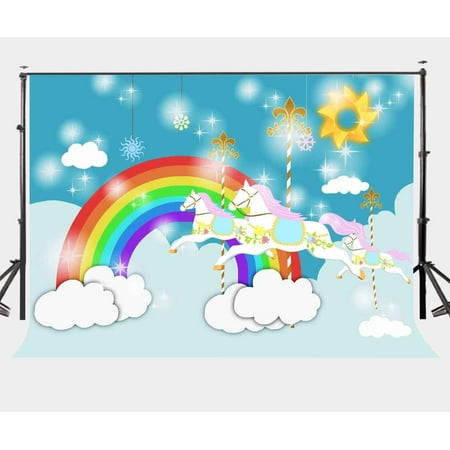 Image of GreenDecor 7x5ft Cartoon Fairy Tale World Backdrop Colorful Rainbow Flying Horses Starry Lights Photography Background