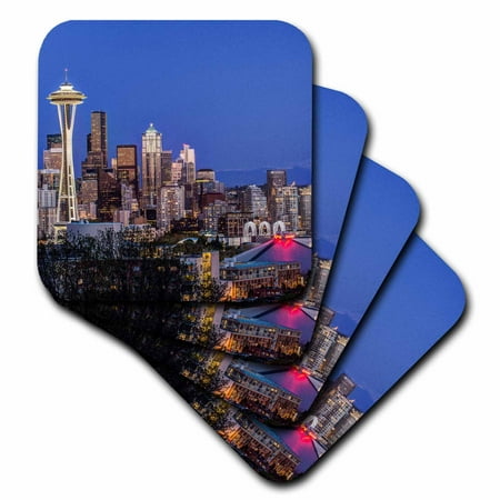 3dRose USA, Washington State, Seattle, Downtown and Mt. Rainier at Twilight., Soft Coasters, set of