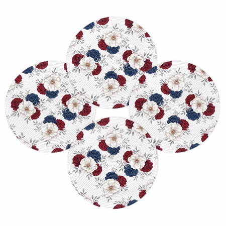 4th of July Round Placemats Set of 4 Patriotic Floral Place Mats Independence Day Woven Placemat Red White and Blue Flower Circle Braided Table Mat for Kitchen Dining Table Party Home Decor 15 Inch