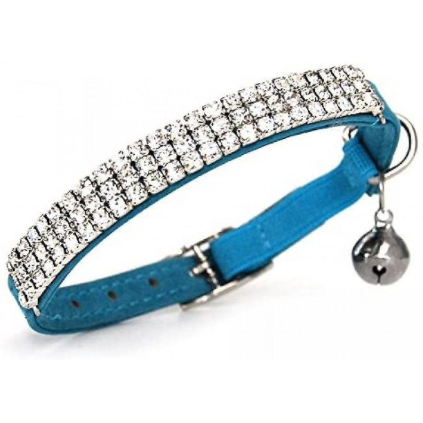 Veeki Collar ajustable de terciopelo suave y seguro para gatos con diamantes brillantes y campanas, 11 pulgadas para perros y gatos pequeños (azul)