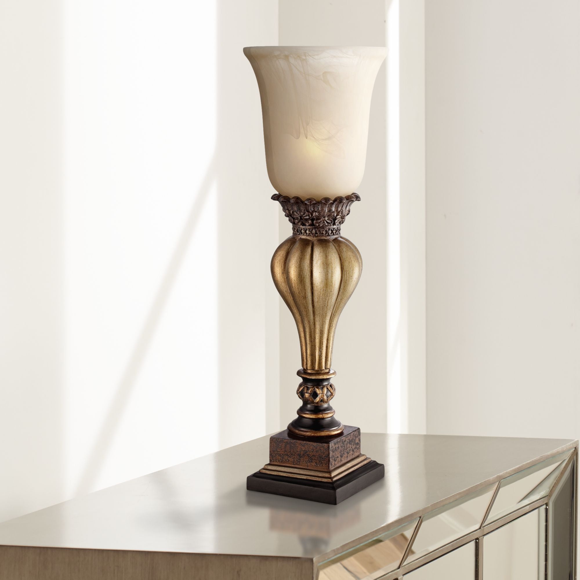Regency Hill Traditional Uplight Table Lamp Florentine Bronze Fluted Column Alabaster Glass Shade for Living Room Family Bedroom