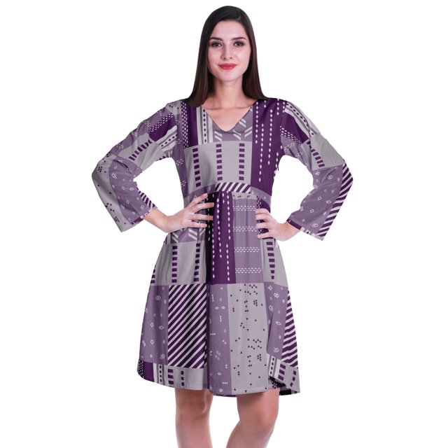 Moomaya Robe Courte Évasée Imprimée de Designer, Manches Longues, Tunique en Velours, Robes pour Femmes