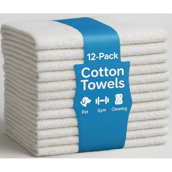 JMR 100% Cotton Utility Towels Bulk Pack - 12-Pack 24 x 48 Thin Quick-Dry Cleaning Cloths for Gym, Pets, Kitchen, Travel & Auto -