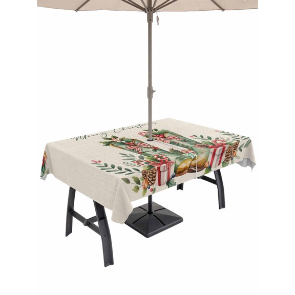 Outdoor Tablecloth with Umbrella Hole and Zipper, Merry Christmas Rectangle Table Cloth 54x80 Inch Waterproof Tablecloth, Country Boots Star Pine Cone Branches Picnic Table Cover for Patio Camping