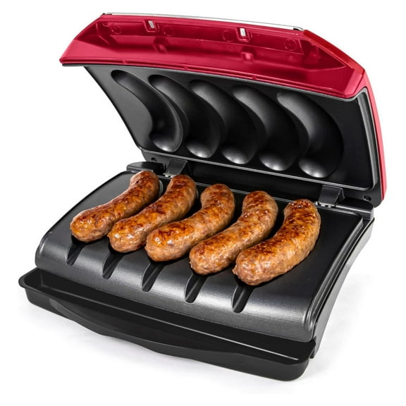 Game Day Sausage and Brat 5 Electric Grill with Oil Drip Tray, Carry Handle, and Cord Storage, Cooks , Turkey, Chicken, Veggie Sausages, or Hot Dogs Red