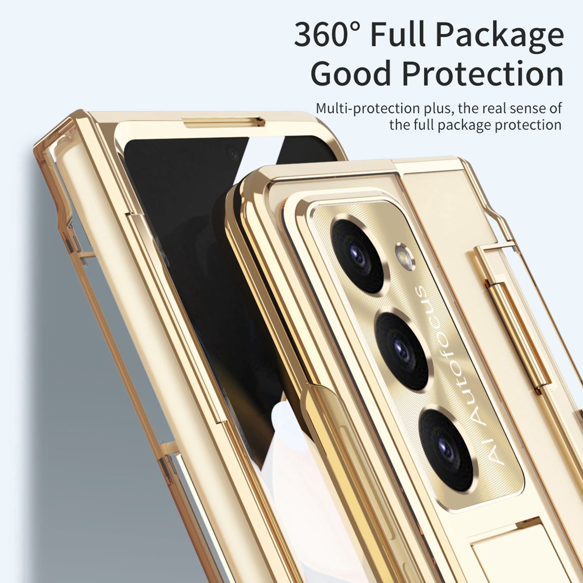 Dteck for Samsung Galaxy Z Fold 5 Case, Hinge Protection with Kickstand, Transparent Clear Back Cover with Built-in Screen Protector Shockproof Full Protective Phone Case for Z Fold5 2023,Gold