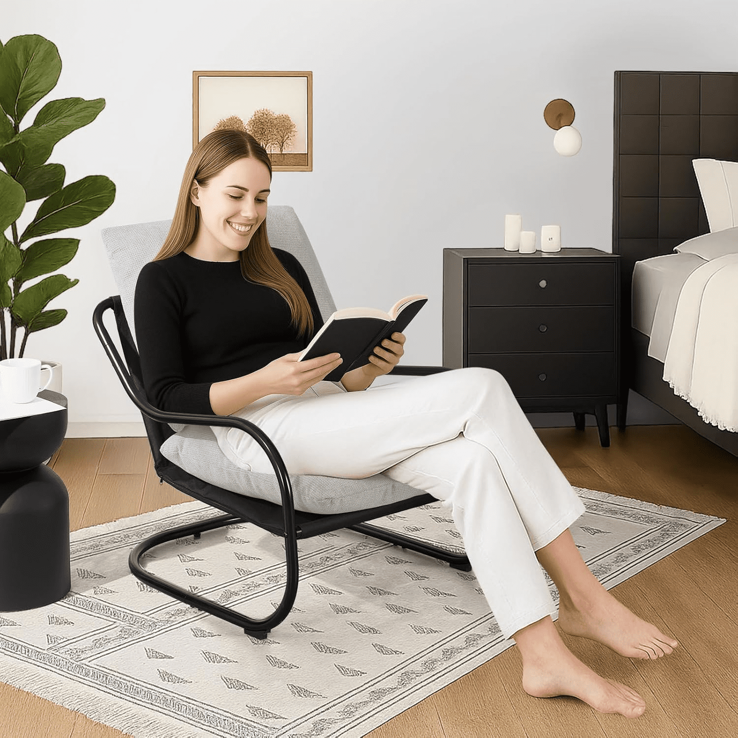 Gewnee Ergonomic Low Profile Accent Armchair, Heavy-Duty Metal Frame Upholstered Reading Side Chair, Space-Saving for Living Room Bedroom Office,Beige