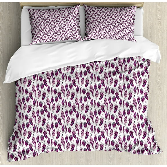 Ambesonne Hippie Duvet Cover Set, Feathers with Geometric Form, Calking, Pale Pink Plum