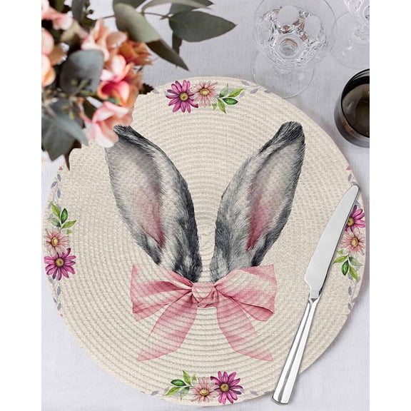 15 Inch Round Placemats Set of 6, Watercolor Easter Non Slip Heat Insulation PP Table Mats, Cute Rabbits Ears Flowers Bow Spring Beige Washable Place Mats for Kitchen Dining Party Table Decor