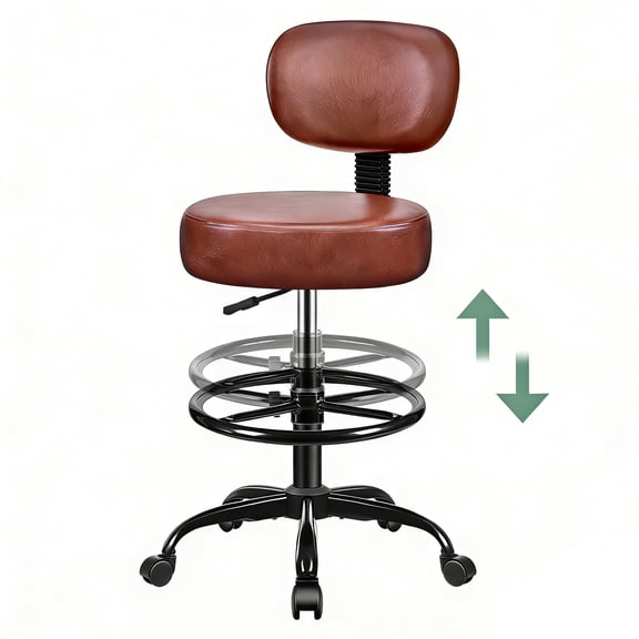 Primy Drafting Office Chair with Backrest - Adjustable Rolling Stool | Armless Office & Bar Height Chair | PU Leather with Thick Cushion | for Home, Office, Salon, Kitchen, Shop, Brown