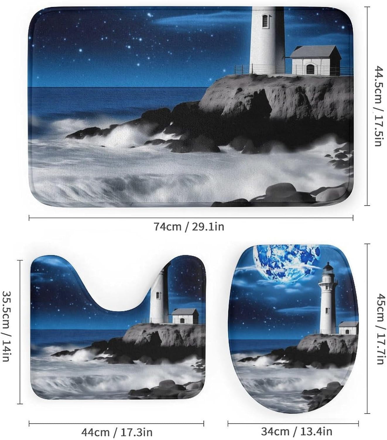 4 Pcs Bathroom Shower Curtain Set,Bathroom Sets with Rugs (Bath Mat,U Shape and Toilet Lid Cover Mat), Lighthouse and Moon Bathroom Decor Set