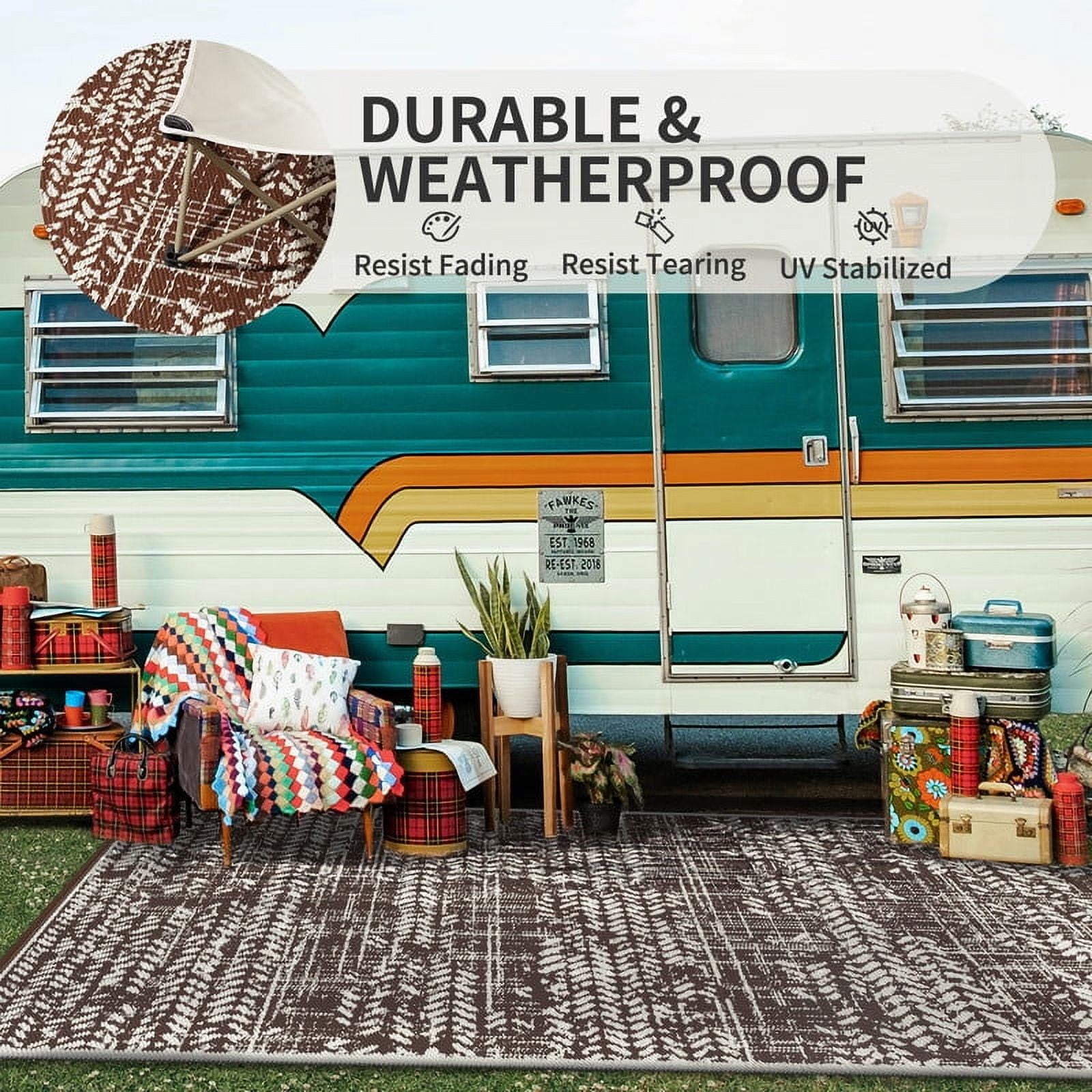 VUNATE Outdoor Rug 6'x9' Waterproof Reversible Carpet Patio Rug Plastic Indoor Outdoor Rug Portable Modern Large Straw Mat for Picnic RV Camping Porch Garden Picnic Deck Balcony Brown and Beige