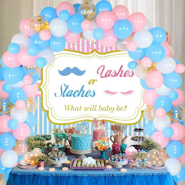 Staches or Lashes Gender Reveal Party Decorations, Pink Blue Backdrop  Balloon Garland Kit Staches or Lashes Backdrop, for Newborn Baby Shower  Party Decorations Supplies 
