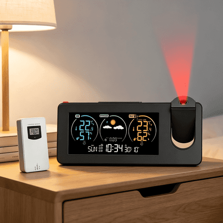 Vidonio Digital Projection Alarm Clock with Indoor Outdoor Temperature Sensor, Wall and Ceiling Projector, Dual Alarms, Black