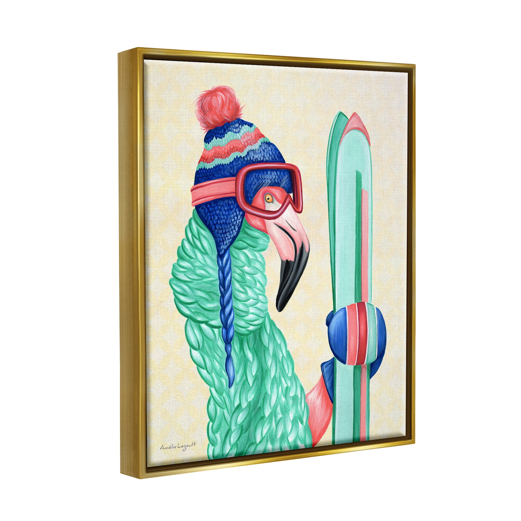 Stupell Industries Flamingo Bird Wearing Skiing Winter Sports Clothes Graphic Art Metallic Gold Floating Framed Canvas Print Wall Art, Design by Amelie Legault