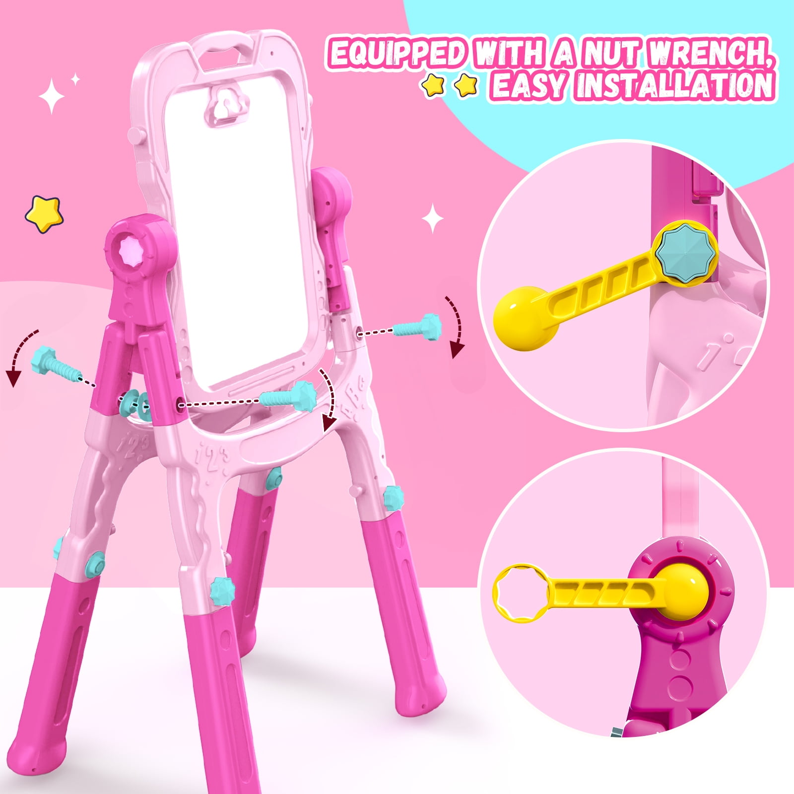 Art Easel for Kids - Adjustable Double-Sided Rotatable Magnetic White Board with Painting Accessories, Preschool Learning Toy for Girls 3-5 Years Old,Ideal Christmas Birthday Gift （Pink）