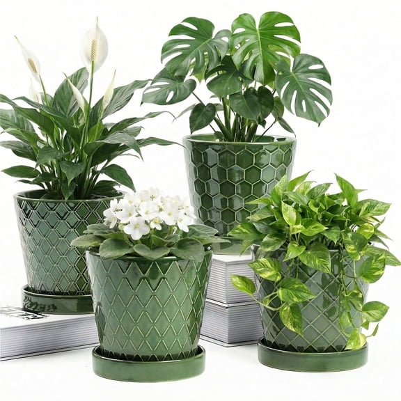 BUYMAX 5" Ceramic plant pots with drainage hole and tray, 4-Pack-4-patterns, gardening home desktop office windowsill decoration， patina flower pots indoor