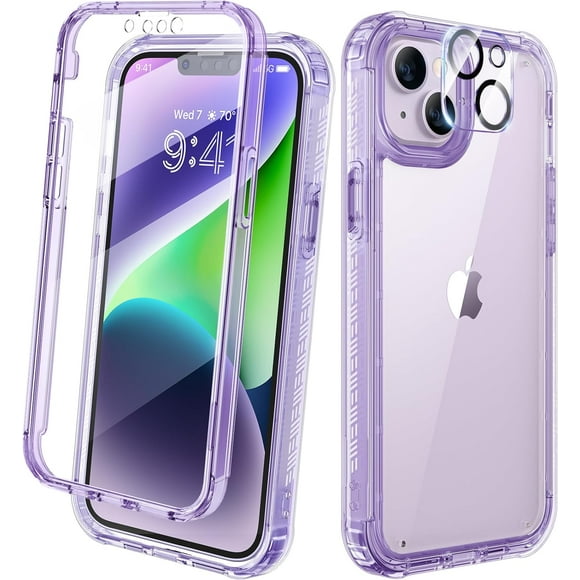 TEMOGU-Designed for iPhone 14 Case, Full Body Rugged Case with Built-in Touch Sensitive Anti-Scratch Screen Protector, with 2 Pack Camera Lens Protector for iPhone 14 6.1" (Clear Purple)
