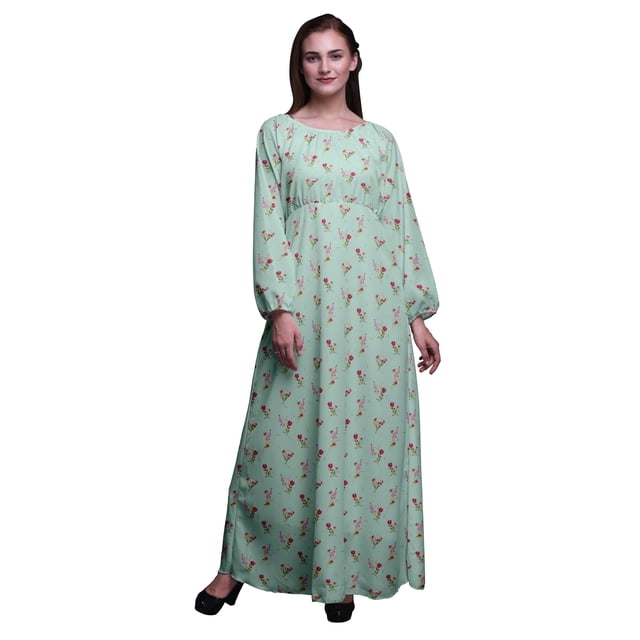Bimba Robe Maxi à Manches Longues pour Femmes en Georgette Mousse Imprimée de Trèfles et de Fleurs, Taille Élastique - Grande