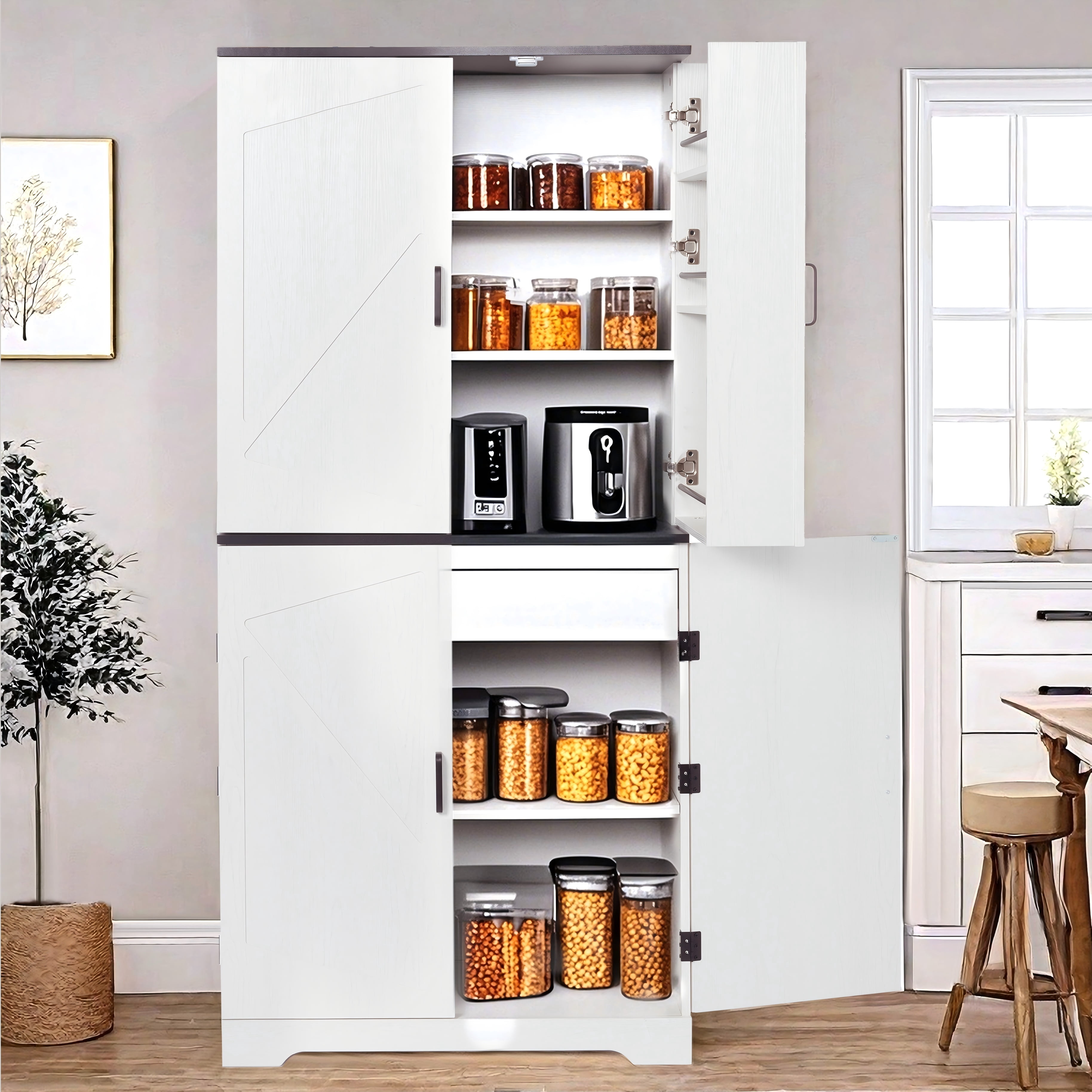 Gewnee 67.7” Kitchen Pantry, with 2 Door Panels Each Having 3 Layers, and All 4 Doors Can Be Magnetically Closed. Matte Metal Handles .