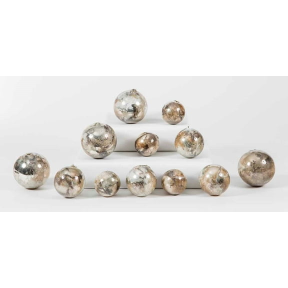 Sculpture Sphere Ball Ornament Monarch Rust Silver Set 12 Hand-Blown Glass