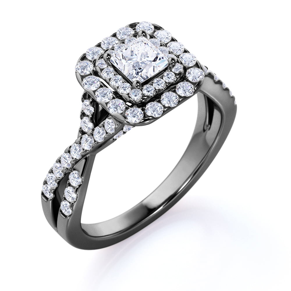 Elegant 1 Carat - Square Cut Diamond - Twisted Band - Pave - Double Halo  Gothic Engagement Ring - 10K Black Gold