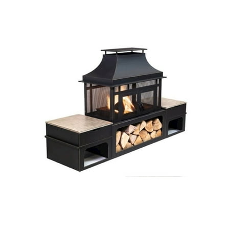 Deko Living 80" x 21.65" Rectangular Wood Metal Fire Pit with Log Storage Compartment & Side Tables