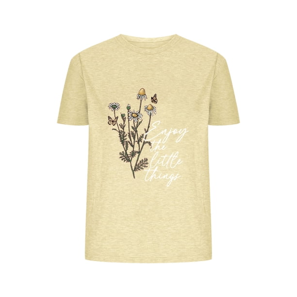 Camisetas de Verano de Mujer Pequeña Flor Impresa Cuello Redondo Manga Corta Superior, Verano Superior de las Mujeres