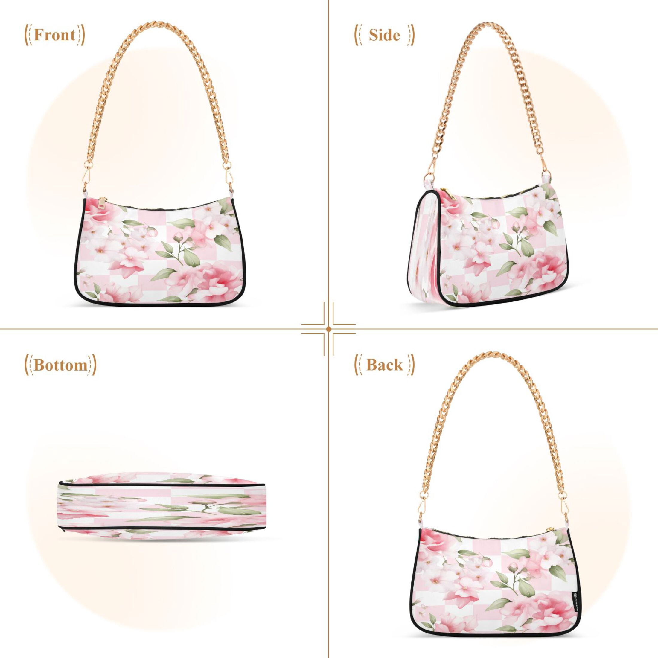 Ryvnso Peony Flowers Pink Womens Chain Shoulder Bag Tote Handbags Clutch Hobo Purse with Zipper for Travel