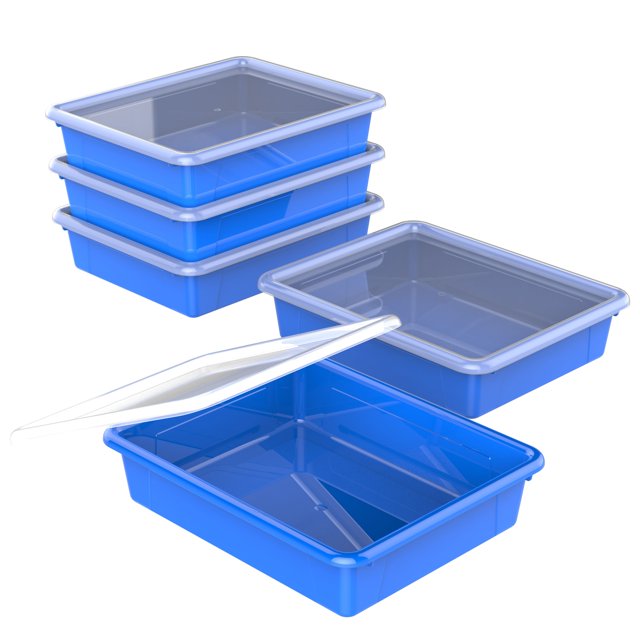 Storex Plateau de Rangement Plat avec Couvercle, Format Lettre, 10 x 13 x 3 Pouces, Bleu, Lot de 5
