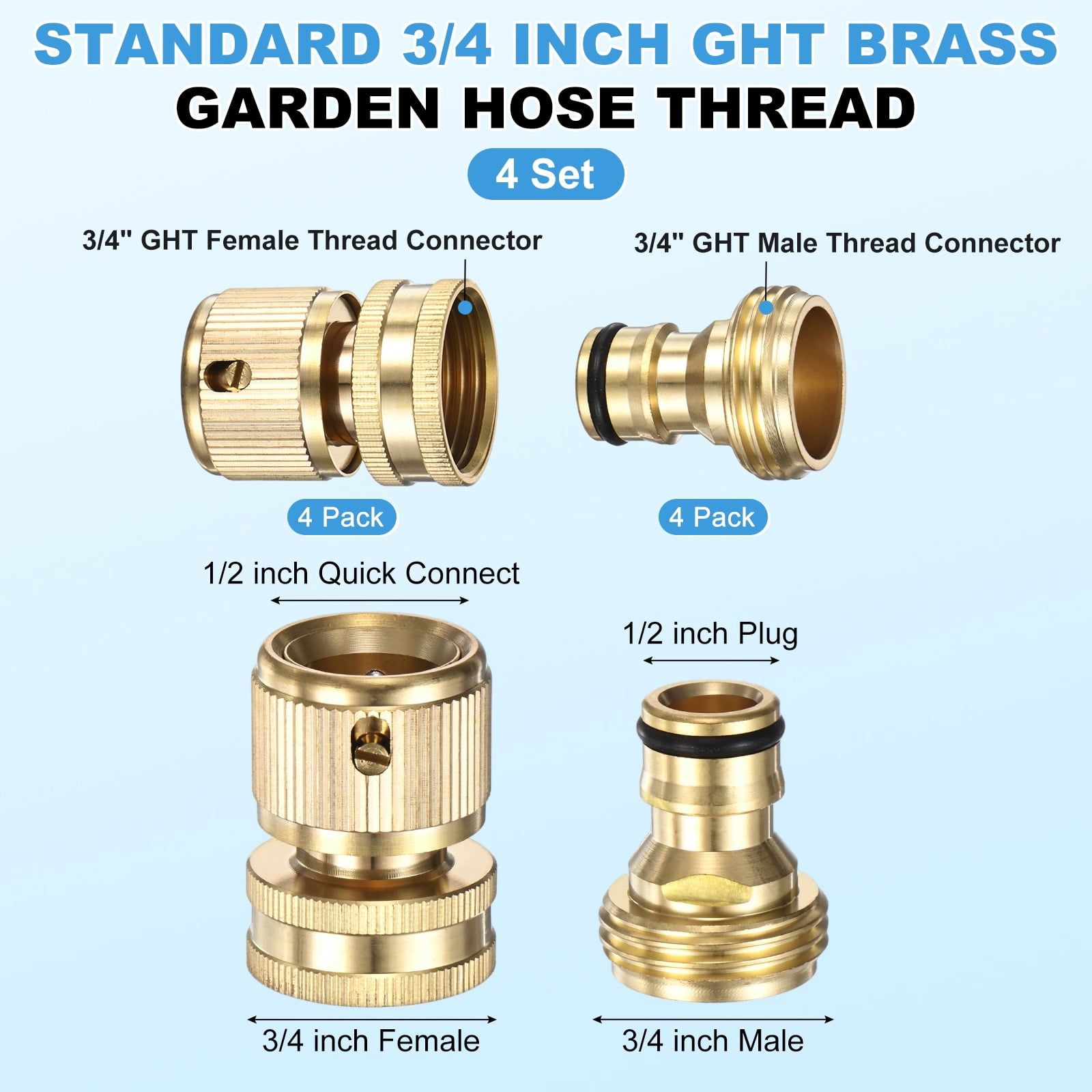 4 Set Garden Hose Quick-Connect, 3/4 Inch GHT Solid Brass Water Hose Fitting
