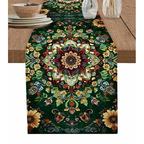 Boho Flower Table Runner Cotton Linen 120 Inch Holiday Dresser Scarves, Bohemian Gorgeous Patterns Ethnic Bohemian Tablerunner for Kitchen Coffee Dining Bedroom Dinner Scarf Décor 13''x120''