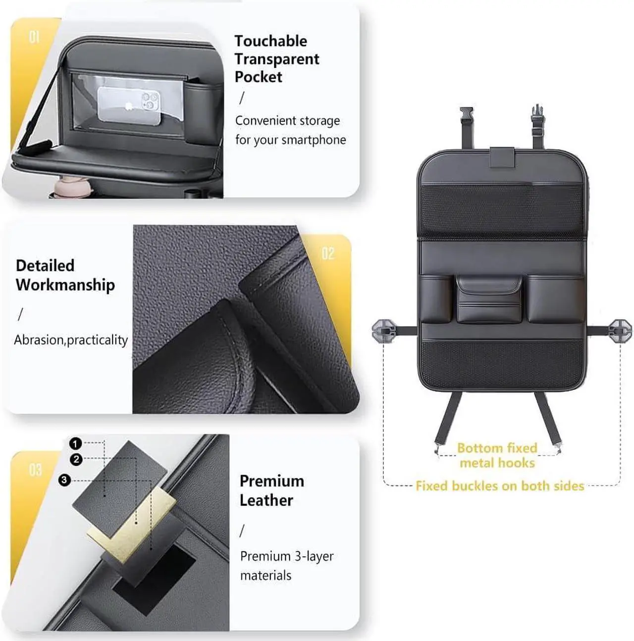 Car Backseat Storage Bag with Foldable Table Tray,Large Capacity Seat Back Organizer,Car Kick Mat with Touch Screen Phone Holder,Multifunctional Backseat Protector Cover Pad