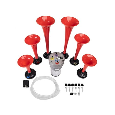 FARBIN Musical Horn 6 Trumpet Music Sound Air Horn with Compressor Play Godfather Melody Red 12V 150db for Train Truck Car Boat RV UTV Motorcycle (Godfather)