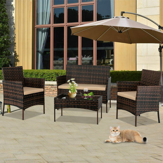 4 Pieces Outdoor Patio Furniture with Cushions, Brown PE Rattan Wicker Table and Chairs Set for Backyard Porch Garden Poolside Balcony, W9486