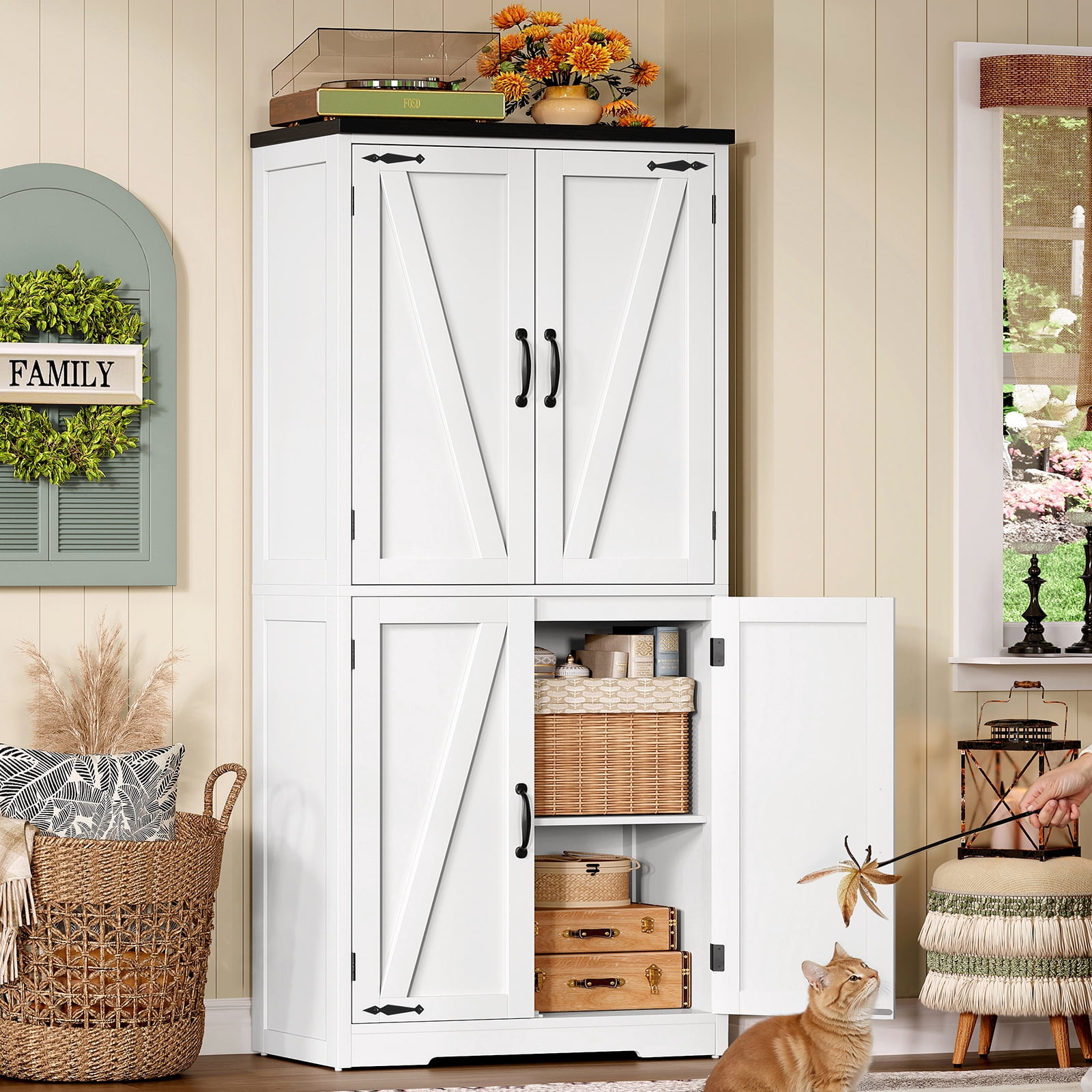 58.27” Kitchen Pantry Cabinets With 4 Doors, Storage Cabinets, Cupboard, Tall Bathroom Cabinets For Dinning Room, Living Room, White