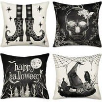 Happy Halloween Black and White Pillow Covers Set of 4 Fall Pumpkin Witch Hat Shoes Skull Floral Print Scary October Throw Pillow Cases Moon Night Bat Crow Spider Web Cushion Cover 16”x16”