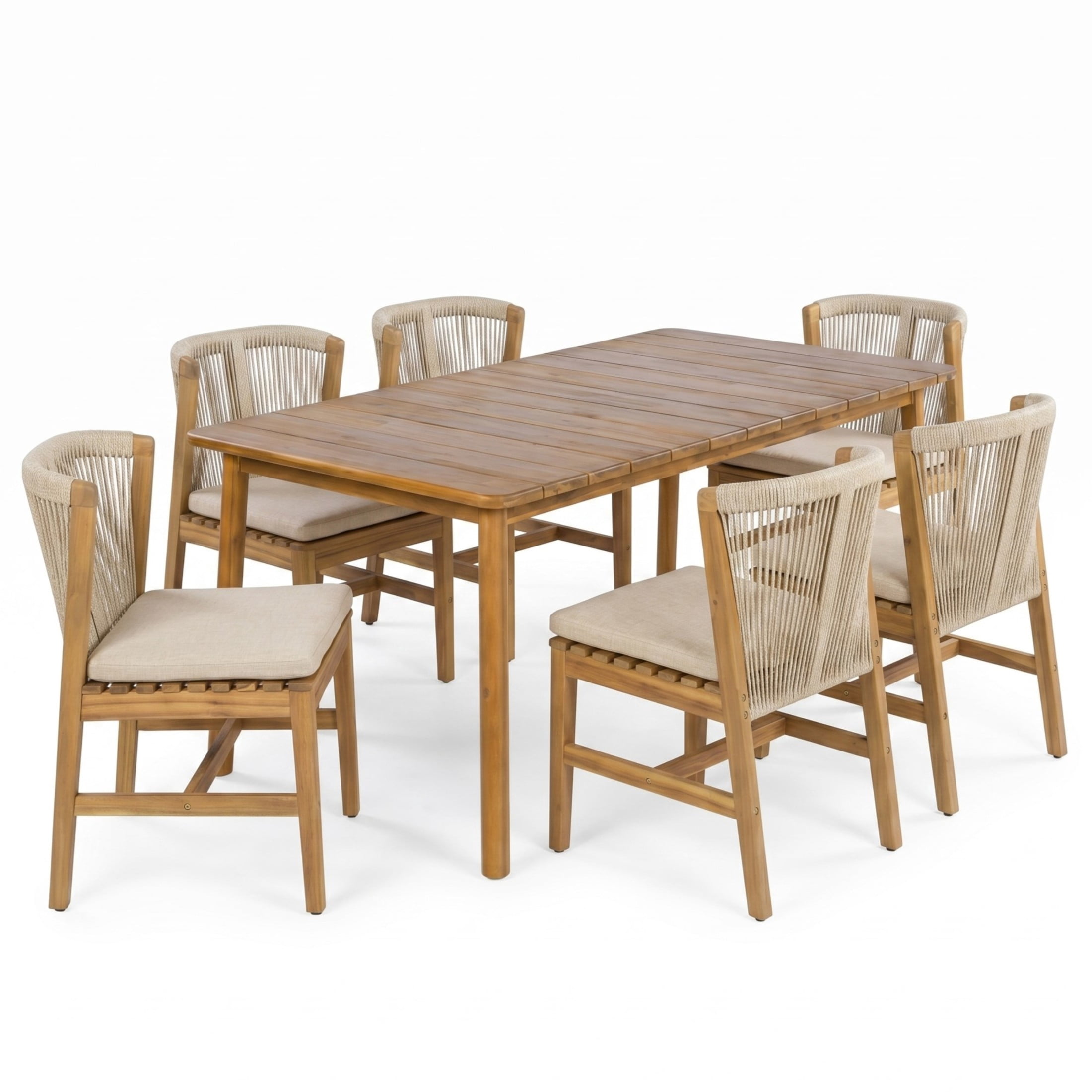 Christopher Knight Home 7-Piece Scandinavian Wood Outdoor Dining Set, Rope Back with Cushions, Teak+Beige