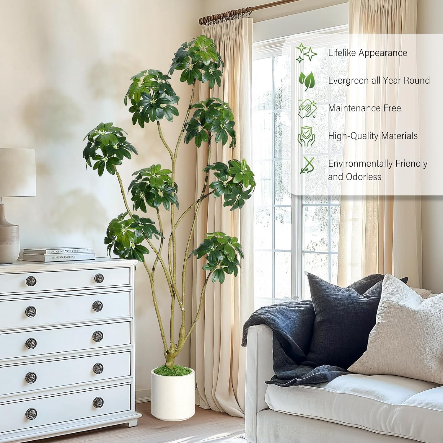 6ft Tall Artificial Umbrella Tree, Fake Indoor Plant with Multiple Trunks, Faux Schefflera Tree in Decorative White Planter, Real Touch Leaves