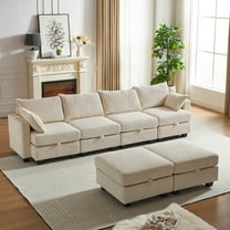 113.5'' Modular Sectiona Corduroy Sofa,Convertible U Shaped Sectional Couch with Storage Ottoman for Living Room,Beige