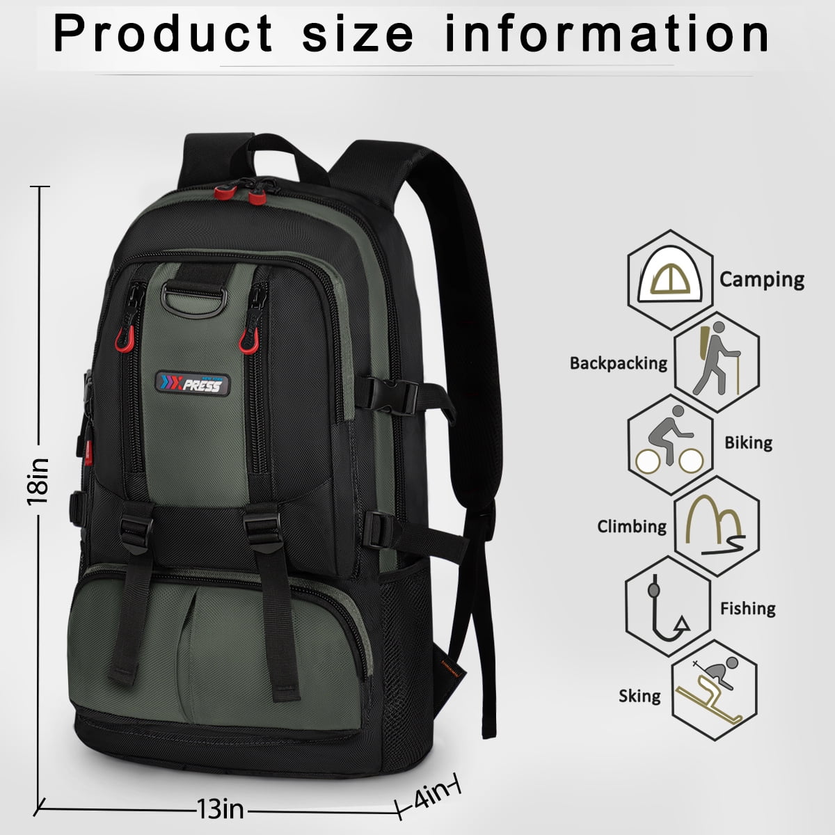 Travel Backpack Multi-Pocket Outdoor Hiking Backpack Work Daypack for Men Women, Grey, A12