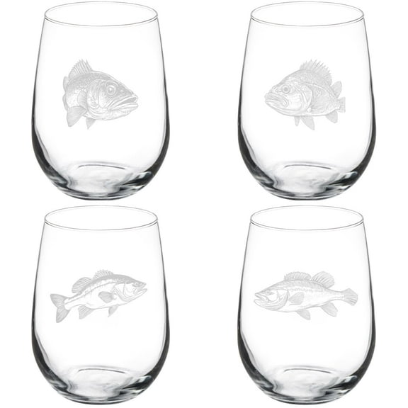 Set of 4 Wine Glass Gift Bass Fish Collection (17 oz Stemless)