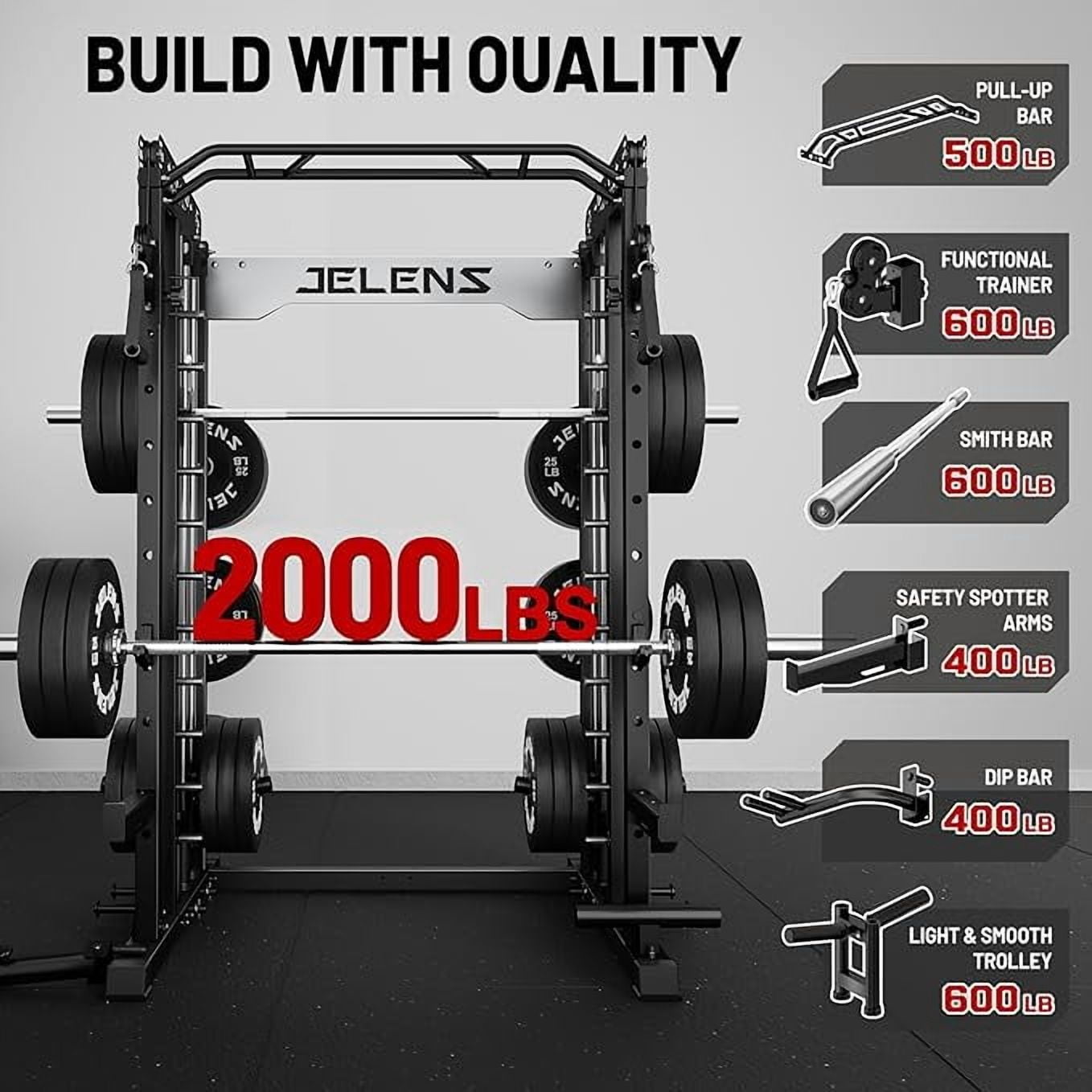 FORGEMUS Smith Machine Power Cage, 2000LBS All-in-One Squat Rack Multi-Function Home Gym System with Cable Crossover System for Adult