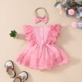 thumbnail image 2 of Zehjuhan Infant Baby Girls Jumpsuit Sleeveless Lace Floral Ruffle Round Neck Soild Color Romper +Headband Newborn Outfit Set, 2 of 9