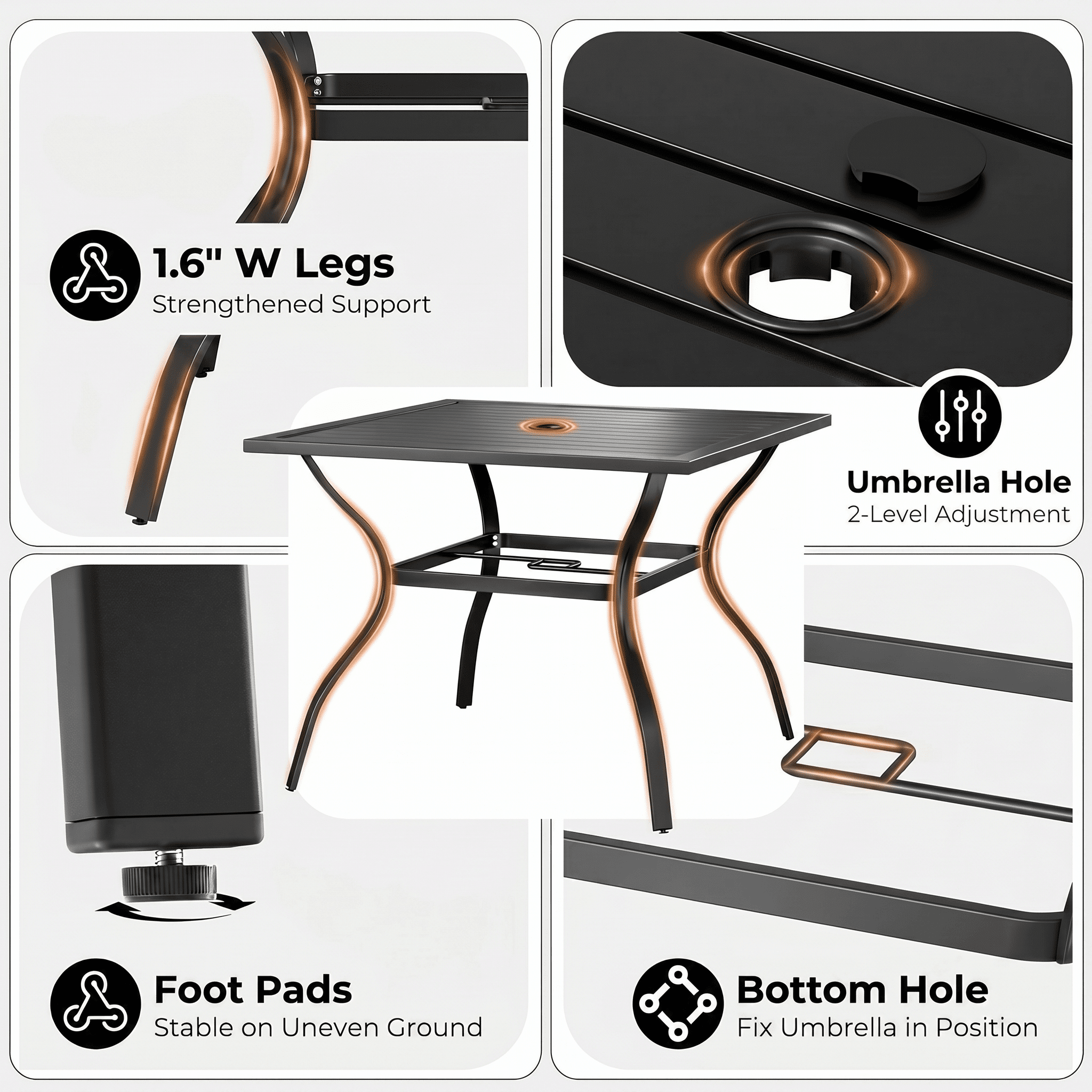 TLSUNNY Outdoor Dining Set of 5, Patio Furniture Set on Sale, Square Metal Table with Umbrella Hole & Foot Pads, 4 Stackable Textilene Chairs