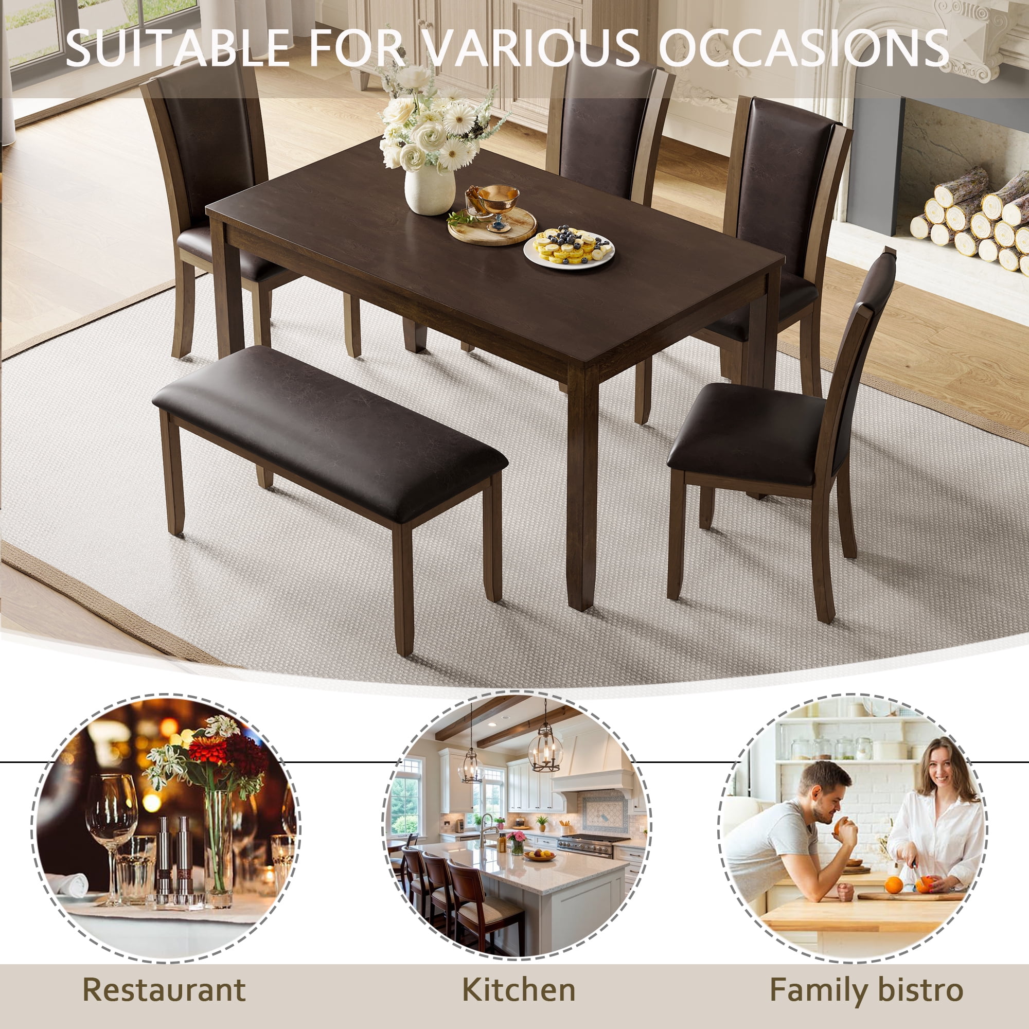 Leumius 6 Pieces Dining Table Set,Wood Dining Table Set with 4 Upholstered Leather Chairs and a Bench,Kitchen Dining Set for 6,Wooden Dining Furniture Sets for Kitchen, Dining Room,Dark Walnut