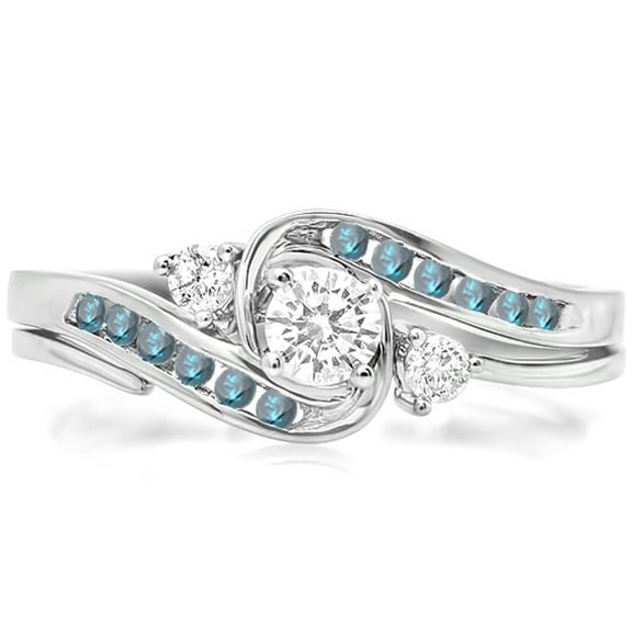 Dazzlingrock Collection 0.50 Carat (ctw) 18k Round Blue & White Diamond Swirl Bridal Engagement Ring Set, White Gold, Size 5